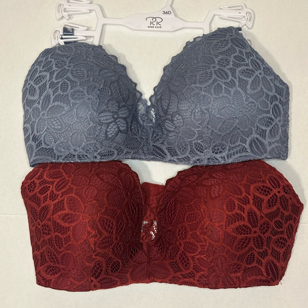 Elegant Wireless Lace Bra Set - Gray and Red